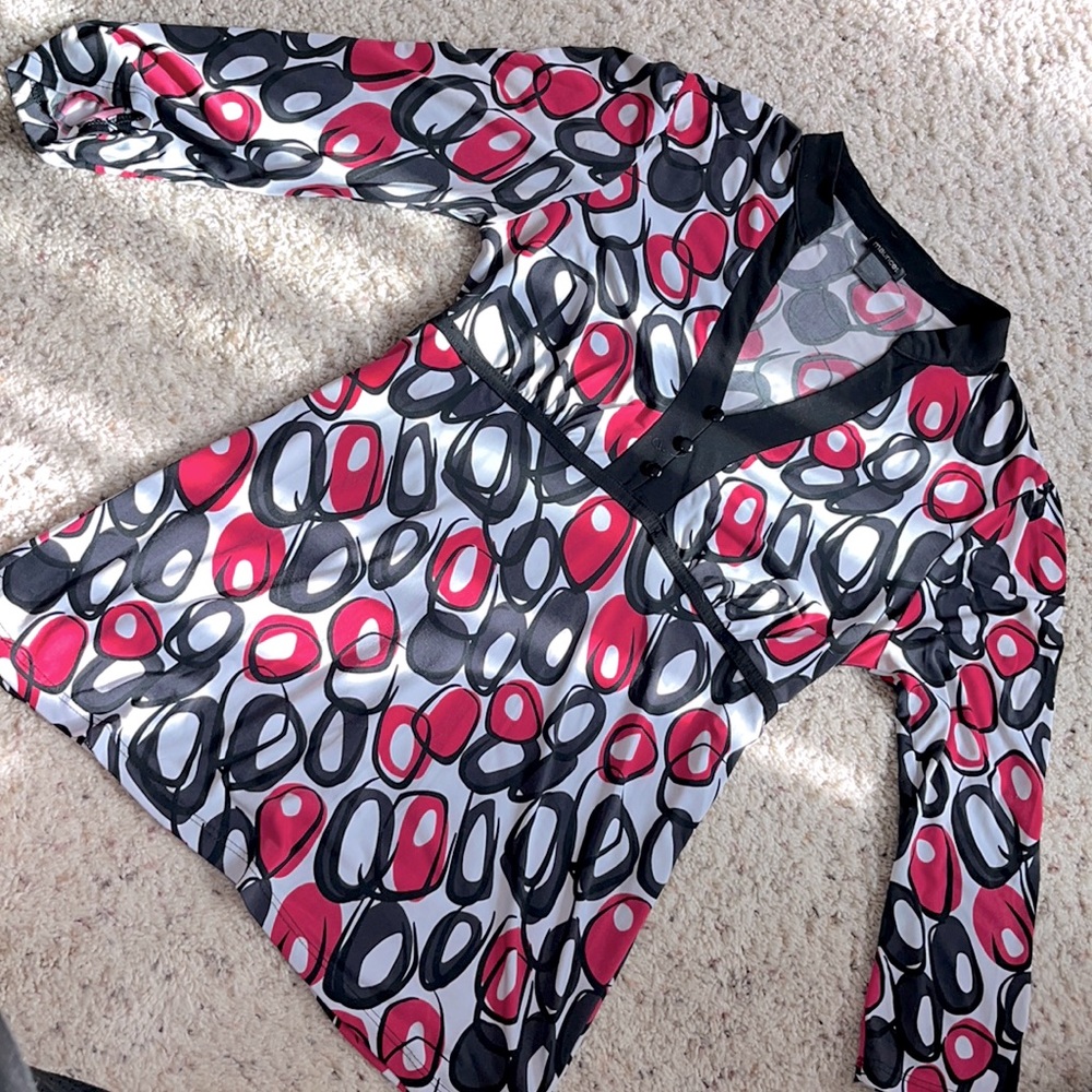 Black and bright pink ladies polyester dress shirt.